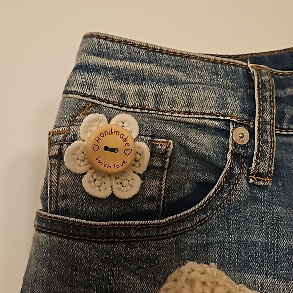 Hand Crafted Upcycled Denim Crochet Shorts Granny Square Handmade High rise 29 - Picture 5 of 17